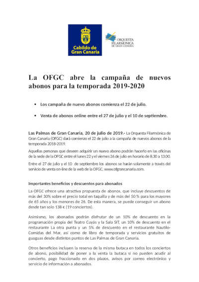La OFGC abre la campaña de nuevos abonos para la temporada 2019-2020