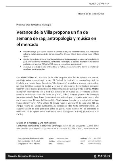 Veranos de la Villa propone un fin de semana de rap, antropología y música en el mercado