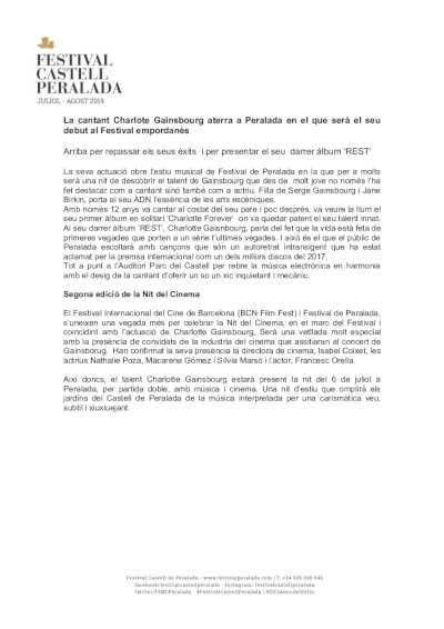 La cantante Charlotte Gainsbourg aterriza en Peralada en el que será su debut en el Festival ampurdanés