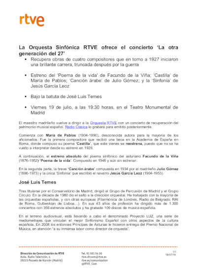 La Orquesta Sinfónica RTVE estrena el ‘Poema de la vida’, de Facundo de la Viña, con José Luis Temes