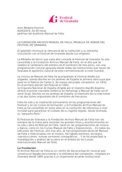 La Fundación Archivo Manuel de Falla, recibe la Medalla de Honor del Festival de Granada