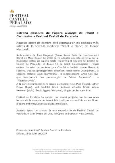 Estreno absoluto de la ópera Diàlegs de Tirant e Carmesina en el Festival Castell de Peralada