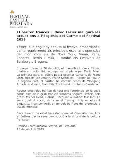 El barítono francés Ludovic Tézier inaugura las actuaciones en la Iglesia del Carmen del Festival 2019 El barítono francés Ludovic Tézier inaugura las actuaciones en la Iglesia del Carmen del Festival 2019