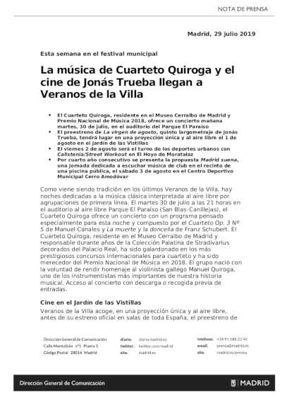La música de Cuarteto Quiroga y el cine de Jonás Trueba llegan a Veranos de la Villa
