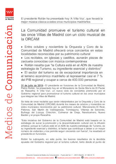 Ciclo musical de la ORCAM promociona el turismo cultural en once villas de Madrid