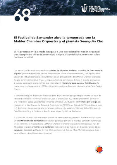 El Festival de Santander abre la temporada con la Mahler Chamber Orquestra y el pianista Seong-Jin Cho