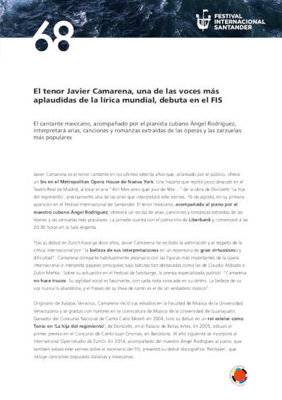 El tenor Javier Camarena, una de las voces más aplaudidas de la lírica mundial, debuta en el FIS