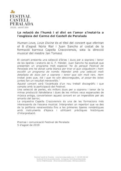 Human Love, Love Divine, es el título del concierto que ofrecerán Nuria Rial y Juan Sancho en Peralada