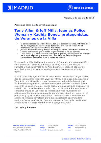 Tony Allen & Jeff Mills, Joan as Police Woman y Kadhja Bonet, protagonistas de Veranos de la Villa