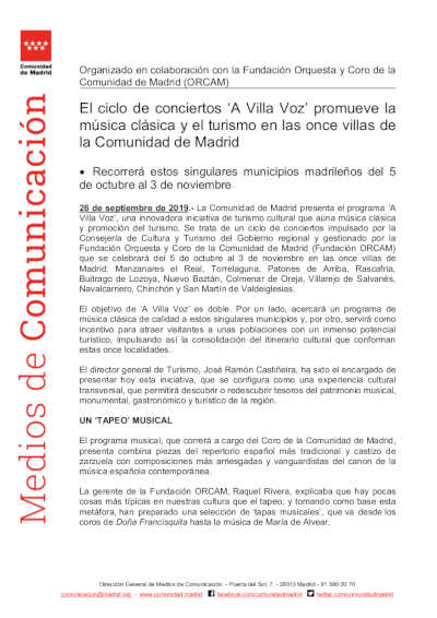 El ciclo de conciertos ‘A Villa Voz’ promueve la música clásica y el turismo en las once villas de la Comunidad de Madrid