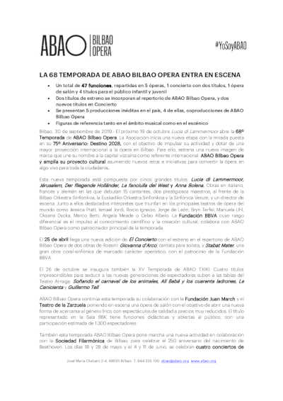 La 68º Temporada de ABAO BILBAO ÓPERA, entra en escena