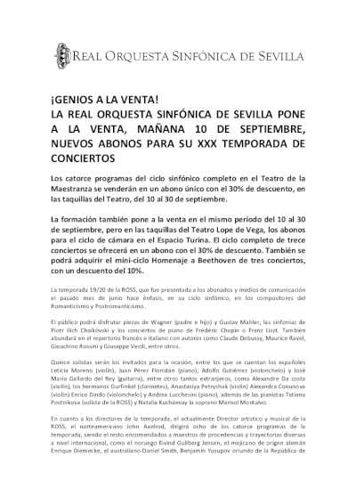 La Real Orquesta Sinfónica de Sevilla pone a la venta nuevos abonos para su XXX temporada de conciertos