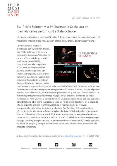 Esa-Pekka Salonen y la Philharmonia Orchestra en Ibermúsica los próximos 8 y 9 de octubre