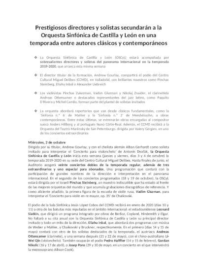 Prestigiosos directores y solistas secundarán a la Orquesta Sinfónica de Castilla y León