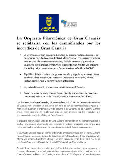La Orquesta Filarmónica de Gran Canaria se solidariza con los damnificados por los incendios de Gran Canaria