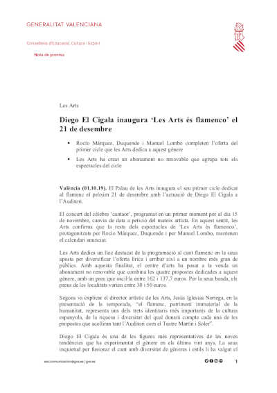 Diego El Cigala inaugura ‘Les Arts és flamenco’ el 21 de diciembre
