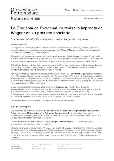 La Orquesta de Extremadura revisa la impronta de Wagner en su próximo concierto La Orquesta de Extremadura revisa la impronta de Wagner en su próximo concierto