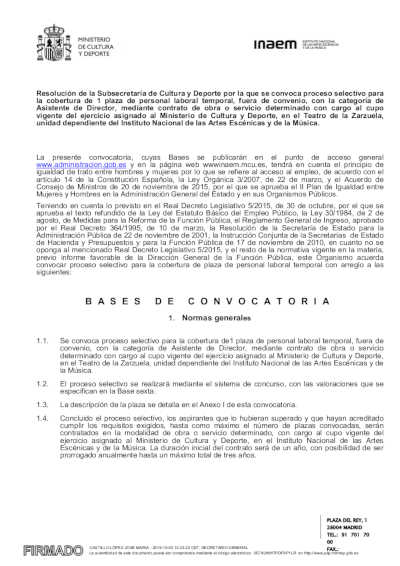 La Subsecretaría de Cultura y Deporte inicia proceso selectivo para una plaza de asistente de director para la Zarzuela