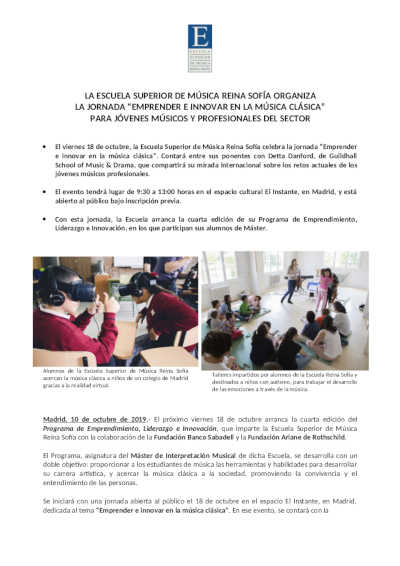 La Escuela Reina Sofía organiza la jornada «Emprender e Innovar en la Música Clásica»