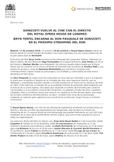 ¡DON PASQUALE! En directo en cines de España el próximo 24 de octubre