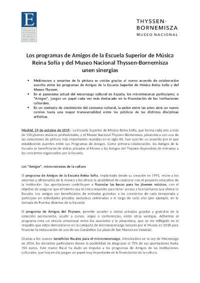 Escuela Superior de Música Reina Sofía y Museo Nacional Thyssen-Bornemisza unen sinergias