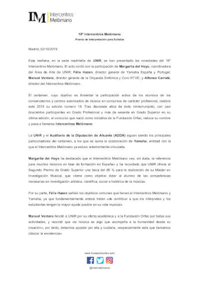 Presentado el 18º Intercentros Melómano – Premio de Interpretación para Solistas Presentado el 18º Intercentros Melómano – Premio de Interpretación para Solistas
