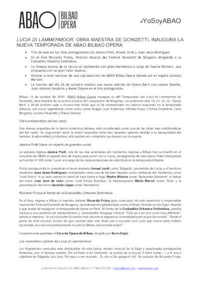Lucia di Lammermor, obra maestra de Donizetti, inaugura la nueva temporada de ABAO BILBAO OPERA