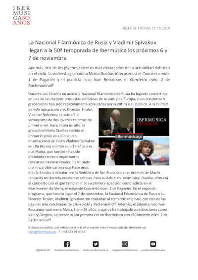 La Nacional Filarmónica de Rusia y Vladimir Spivakov llegan a la 50ª temporada de Ibermúsica el 6 y 7 de noviembre