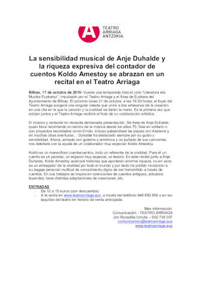 Sensibilidad musical de Anje Duhalde y riqueza expresiva del contador de cuentos Koldo Amestoy