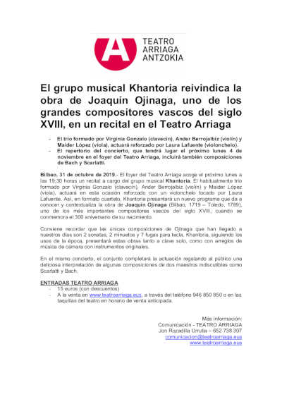 El grupo musical Khantoria reivindica la obra de Joaquín Ojinaga, uno de los grandes compositores vascos del siglo XVIII
