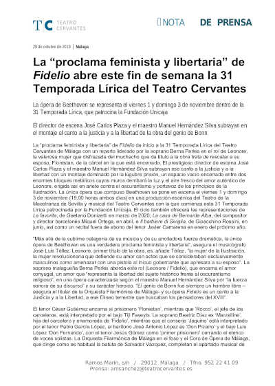 La “proclama feminista y libertaria” de Fidelio abre este fin de semana la 31 Temporada Lírica del Teatro Cervantes