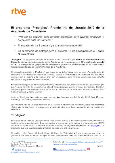 El programa ‘Prodigios’, Premio Iris del Jurado 2019 de la Academia de Televisión