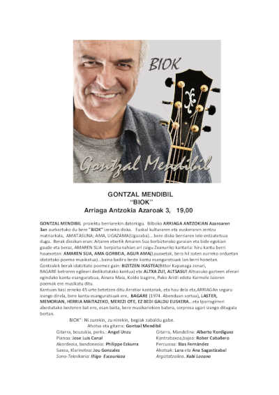 Gontzai Mendibil dará a conocer «BIOK», su nuevo disco y su libro, en el Teatro Arriaga de Bilbao