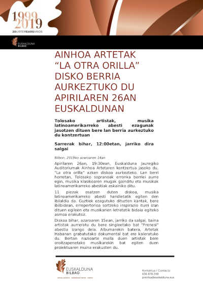 Ainhoa Arteta suspende la presentación de su nuevo último álbum «En la otra orilla», en el Auditorium Euskalduna