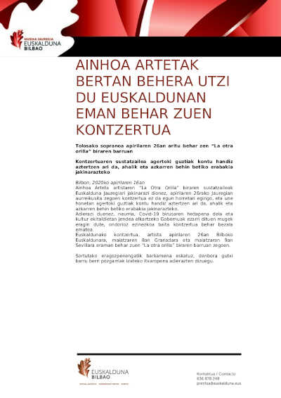 Ainhoa Arteta suspende la presentación de su nuevo último álbum «En la otra orilla», en el Auditorium Euskalduna