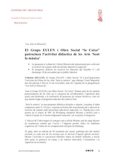 El Grupo EULEN y Obra Social “la Caixa” patrocinan la actividad didáctica de Les Arts ‘Siente la música’