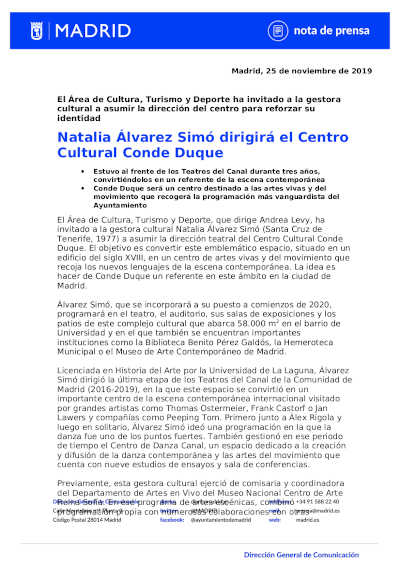 Natalia Álvarez Simó dirigirá el Centro Cultural Conde Duque