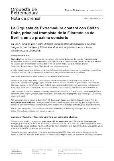 La OEX contará con Stefan Dohr, principal trompista de la Filarmónica de Berlín, en su próximo concierto