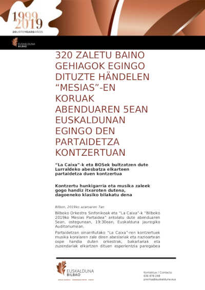 Más de 320 personas aficionadas harán los coros de «El Mesías» de Händel