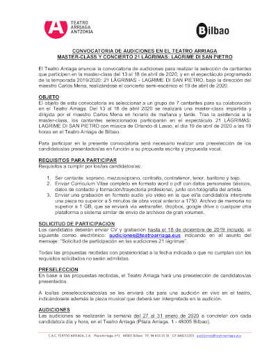 El Teatro Arriaga y el contratenor Carlos Mena realizarán audiciones de cantantes para la nueva producción 21 lágrimas