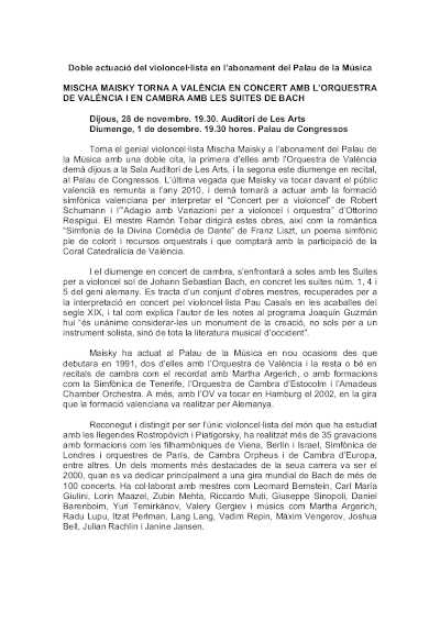 Mischa Maisky vuelve a Valéncia en concierto con la Orquesta de València y en cámara las suites de Bach