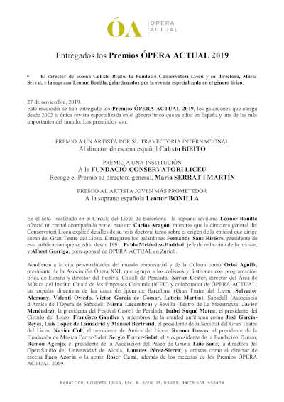 Entregados los Premios Ópera Actual 2019