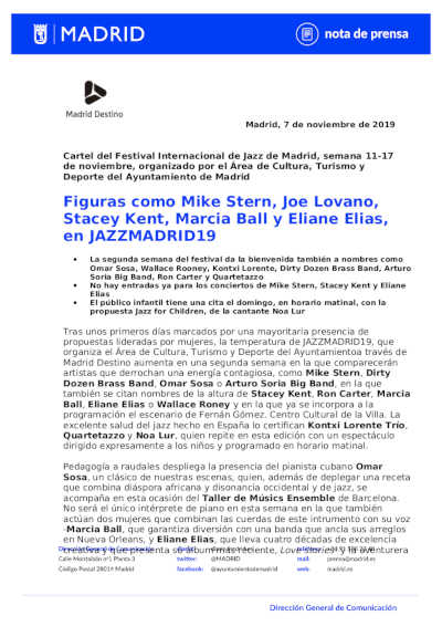 Figuras como Mike Stern, Joe Lovano, Stacey Kent, Marcia Ball y Eliane Elias, en JAZZMADRID19