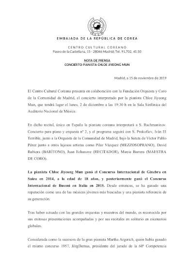 Concierto de la pianista Chloe Jiyeong Mun en el Auditorio Nacional de Música