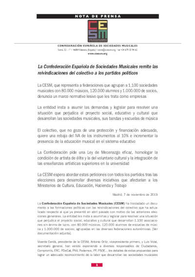 La Confederación Española de Sociedades Musicales remite las reivindicaciones del colectivo a los partidos políticos