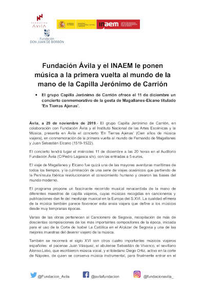 Fundación Ávila y el INAEM le ponen música a la primera vuelta al mundo