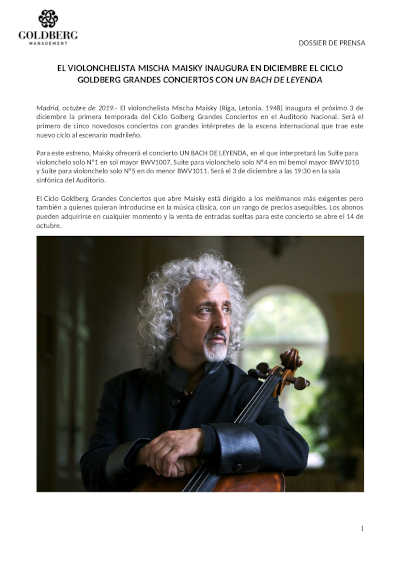 El violonchelista Mischa Maisky inaugura en diciembre el Ciclo Goldberg Grandes Conciertos