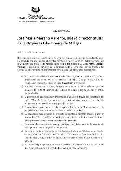 José María Moreno Valiente, nuevo director titular de la Orquesta Filarmónica de Málaga