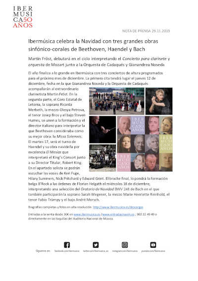 Ibermúsica celebra la Navidad con tres grandes obras sinfónico-corales de Beethoven, Haendel y Bach