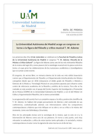 La Universidad Autónoma de Madrid acoge un congreso en torno a la figura de T. W. Adorno